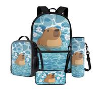 Xoenoiee Sac à dos d'école 4 pièces avec boîte à déjeuner thermique, pochette pour bouteille d'eau, trousse à crayons, fournitures de rentrée scolaire pour enfants, Capybara Sea Floral, Taille unique