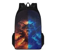 Xoenoiee Sac à dos d'école pour garçons et filles de 43,2 cm, double compartiment, grand sac pour ordinateur portable, cartable d'école, cartable d'école, 2 compartiments, Loup de feu rouge et bleu