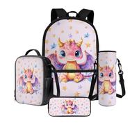 Xoenoiee Sac à dos grande capacité + sac à déjeuner thermique + porte-bouteille d'eau 4 pièces pour la rentrée scolaire pour garçons et filles, Dessin animé Dragon Stars, Taille unique, Ensemble