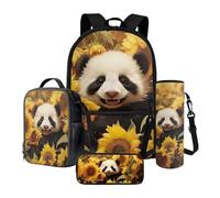 Xoenoiee Sac à dos grande capacité + sac à déjeuner thermique + porte-bouteille d'eau 4 pièces pour la rentrée scolaire pour garçons et filles, Tournesol et panda, Taille unique, Ensemble cartable