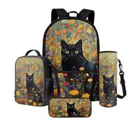 Xoenoiee Sac à dos grande capacité + sac à déjeuner thermique + porte-bouteille d'eau 4 pièces pour la rentrée scolaire pour garçons et filles, Chat noir vibrant floral, Taille unique, Ensemble