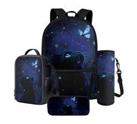 Xoenoiee Sac à dos grande capacité + sac à déjeuner thermique + porte-bouteille d'eau 4 pièces pour la rentrée scolaire pour garçons et filles, Chat Noir Papillon Galaxie, Taille unique, Ensemble