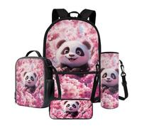 Xoenoiee Sac à dos grande capacité + sac à déjeuner thermique + porte-bouteille d'eau 4 pièces pour la rentrée scolaire pour garçons et filles, Panda Fleur de Cerisier Rose, Taille unique, Ensemble