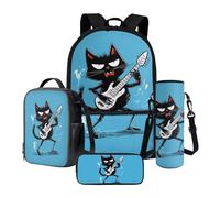 Xoenoiee Sac à dos grande capacité + sac à déjeuner thermique + porte-bouteille d'eau 4 pièces pour la rentrée scolaire pour garçons et filles, Guitare Chat Noir Bleu, Taille unique, Ensemble cartable
