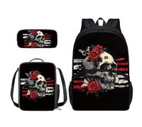 Xoenoiee Sac à dos, sac à déjeuner et trousse à crayons 3 pièces pour garçons et filles, grands sacs d'école pour étudiants, fournitures scolaires, Drapeau tête de mort papillon rose