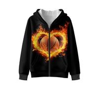 Xoenoiee Sweat à capuche zippé pour filles et garçons - Veste légère d'automne et d'hiver décontractée à manches longues, Ballon de basket Fire Heart, 9-11 ans