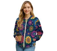 Xoenoiee Veste bomber coupe-vent pour femme avec fermeture éclair pour l'automne et l'hiver - Manteau d'extérieur léger avec poches, Fleur Mandala Bohème, XL