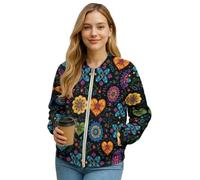 Xoenoiee Veste bomber coupe-vent pour femme avec fermeture éclair pour l'automne et l'hiver - Manteau d'extérieur léger avec poches, Boho Mandala Fleur, L