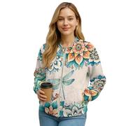 Xoenoiee Veste bomber légère pour femme avec poches zippées, vêtements d'extérieur d'automne, Mandala bohème et libellule, L