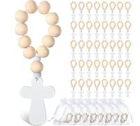 Xoeryoy Chapelet, 40 perles de chapelet catholique avec pendentif croix blanche, perles en bois naturel, sac de rangement en maille inclus - Bois blanc et naturel, 15, 2 x 10, 2 cm
