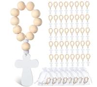 Xoeryoy Chapelet, 40 perles de chapelet catholique avec pendentif croix blanche, perles en bois naturel, sac de rangement en maille inclus - Bois blanc et naturel, 15, 2 x 10, 2 cm