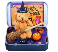 Xoeryoy Petit Ours dans Une boîte sorcière en Peluche Ours Halloween Mini Figures avec Une boîte de Fer Broom Cap Pumpkin & Cat for Trick ou Treaters