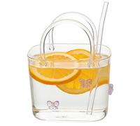 Xoeryoy Sac à main en verre pour boissons, verre à boire en forme de sac main avec nœud violet - Tasse haute teneur en borosilicate de 720 ml avec paille pour cocktails, thé aux fruits et réuni