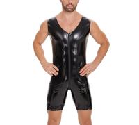 xokesy Combinaison courte sexy en cuir synthétique brillant pour homme - Effet mouillé - Avec col en V - Fermeture éclair - Combinaison sans manches en une seule pièce, Noir , L