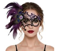 xolear Masque Bal Masqué Dentelle avec Plume Amovible, Masque Venitien | Masqué Venise Mystère Bretelles Réglables, Masques Carnaval Halloween Soirée Deguisement