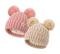 XOMZG Bonnet d'hiver pour Tout-Petits, Bonnet d'hiver Chaud en Tricot doublé de Polaire pour Filles et garçons avec Pompon, pour Les 0 à 36 Mois, Lot de 2