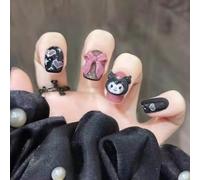 Xonojun 24 Pcs Faux Ongles Enfant avec Colle, Design Kuromi avec Cœurs et Nœud Papillon, Press on Nails Noir et Rose Facile à Poser, Manucure Français Festive, Cadeau Beauté pour Filles Femmes