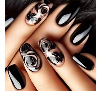 Xonojun 24 Pcs Faux Ongles Pointe Coffin Noir Rose, Kit Faux Ongles en Gel Motif Floral Dark, Press-on Nails Artificiels Noirs et Floraux, Idée Cadeau Noël Saint Valentin Nouvel An
