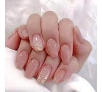 Xonojun 24 Pcs Faux Ongles Rose Doré Pailleté, Press-on Nails Autocollants Moyen-Longs, Kit Faux Ongles Ballerine Rose Pailleté Or, Idée Cadeau Noël Mariage Saint-Valentin Femme