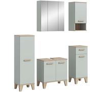 xonox.home Armoire de salle de bain Star - 5 pièces - Meuble sous-lavabo - Armoire à miroir - Armoire suspendue - L x H x P : 158 x 190 x 34 cm - Vert clair/chêne clair