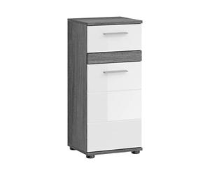 xonox.home Blake - Commode de Salle de Bain - Armoire étroite - Avant - Blanc Brillant - Corps argenté fumé - Environ 35 x 79 x 31 cm