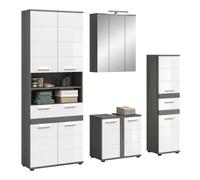 xonox.Home Blake Ensemble de 4 pièces pour Salle de Bain Blanc/argenté fumé | Ensemble composé d'une armoire haute large, d'une armoire miroir avec éclairage, d'un meuble sous lavabo, d'une commode