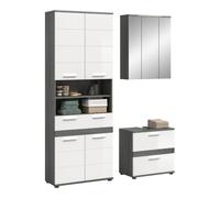 xonox.Home Blake Ensemble de Salle de Bain 3 pièces Blanc/argenté fumé | Ensemble composé d'une armoire haute, d'une armoire à miroir, d'un meuble sous lavabo avec tiroirs, revêtement en mélamine
