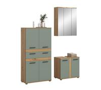 xonox.home Blake Ensemble de salle de bain 3 pièces Sauge/chêne Artisan | Ensemble composé d'une armoire midi, d'une armoire à miroir, d'un meuble sous lavabo avec portes, revêtement en mélamine