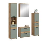 xonox.Home Blake Ensemble de Salle de Bain 4 pièces Sauge/chêne Artisan | Ensemble composé d'une armoire haute, d'une armoire à miroir, d'une commode (haute), d'un meuble sous lavabo (tiroirs) avec