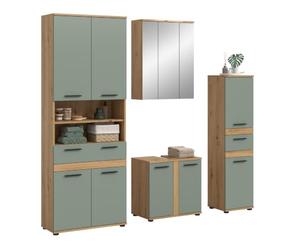 xonox.home Blake Ensemble de salle de bain 4 pièces Sauge/chêne Artisan | Ensemble composé d'une armoire haute large, d'une armoire à miroir, d'un meuble sous lavabo, d'une commode