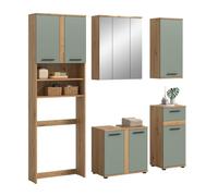 xonox.home Blake Ensemble de salle de bain 5 pièces Sauge/chêne Artisan | Ensemble composé d'un meuble pour machine à laver, d'un meuble sous lavabo, d'une armoire à miroir avec éclairage