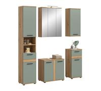 xonox.Home Blake Ensemble de Salle de Bain 5 pièces Sauge/chêne Artisan | Ensemble composé d'une armoire haute, d'une armoire à miroir (éclairage inclus), d'un meuble sous lavabo