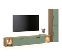 xonox.home Combinaison de Salon avec éclairage The One 259 x 182 x 34 cm en chêne Artisanal et Vert fumé - Mur avec 2 Portes, 2 Volets et LED - 10 Compartiments créent Un Espace de Rangement et Un