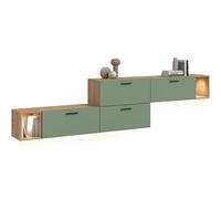 xonox.Home Combinaison de Salon avec éclairage The One 276 x 97 x 34 cm en chêne Artisanal et Vert fumé - Large Mur avec 4 Volets & LED - 10 Compartiments combinent Un décor Naturel avec la