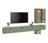 xonox.home Combinaison de Salon avec éclairage The One 300 x 178 x 34 cm en chêne Artisanal et Vert fumé - Mur XXL avec 2 Portes, 4 Volets et LED - 15 Compartiments pour Garder l'ordre et Une Belle