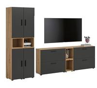 xonox.home Combinaison de salon The One 259 x 182 x 34 cm en chêne artisanal et basalte - Mur de placard avec 4 portes et 4 rabats - 20 compartiments offrent des possibilités de rangement parfaites et