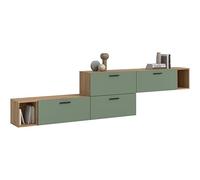 xonox.home Combinaison de Salon The One 276 x 97 x 34 cm en chêne Artisanal et Vert fumé - Large Mur TV avec 4 Volets - 10 Compartiments avec Zones Ouvertes offrent Un Espace de Rangement au Look