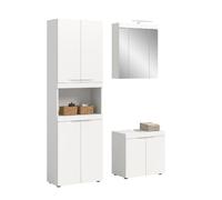 xonox.Home Ensemble de Salle de Bain Viana 3 pièces, Blanc Mat/Blanc | Avec éclairage composé d'une armoire haute large, d'un meuble sous lavabo, d'une armoire à miroir