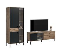 xonox.home Ensemble de Salon Chess 252 x 198 x 41 cm en Noir Profond et Imitation chêne Nox - Ensemble de 2 pièces de vitrine et Meuble Bas - Combinaison harmonieuse de Meubles pour Un Salon Moderne