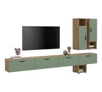 xonox.home Ensemble de Salon The One 300 x 178 x 34 cm en chêne Artisanal et Vert fumé - Meuble de Salon Massif avec 2 Portes et 4 battants - 15 Compartiments créent Beaucoup d'espace de Rangement