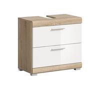 xonox.home Lambada Meuble de Salle de Bain avec 2 tiroirs - Blanc Brillant - Corps en chêne Sonoma Clair - 60 x 56 x 34 cm