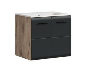 xonox.Home Lavabo Ice 60 x 55 x 46 cm avec lavabo dans Le Corps Nox Oak et façade Noir Mat - Espace de Lavage pour Salle de Bain Aspect Bois - Moderne et Compact