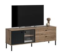 xonox.home - Meuble Bas Chess 154 x 57 x 41 cm en Noir Profond et Imitation chêne Nox - Meuble TV avec Porte en Verre et 2 tiroirs - Base idéale pour Votre Home cinéma avec Espace pour appareils
