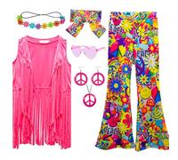 XonyiCos Costume hippie des années 60 et 70 pour filles et enfants - Tenue discothèque à franges et bas à cloches - Ensemble d'accessoires (Peace Love, 7 à 8 ans)