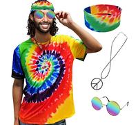 XonyiCos Costume hippie pour homme et femme - T-shirt coloré des années 60 et 70 - Lunettes de soleil - Bandeau - Collier de paix - 4 pièces - Fête à thème, T-shirt 4 pièces, X-Large
