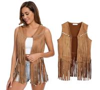 XonyiCos Gilet à franges pour femme - Costume hippie des années 70 - Sans manches - Tenue western - En daim synthétique - Tassel - Vêtement d'extérieur, Gilet à pompon kaki, S