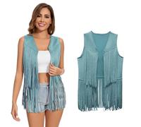 XonyiCos Gilet hippie à franges pour femme années 70 et 60 - Gilet de cowgirl western en daim synthétique - Veste en cuir synthétique - Costume de carnaval et de jeux de rôle, Gilet à pompon bleu, S