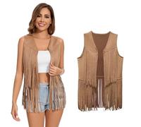 XonyiCos Gilet hippie à franges pour femme années 70 et 60 - Gilet hippie sans manches - En daim synthétique - Avec pompon - Costume de carnaval et de jeu de rôle - Kaki - Taille M