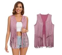 XonyiCos Gilet hippie à franges pour femme années 70 et 60 - Gilet hippie sans manches - En daim synthétique - Avec pompon - Costume de carnaval et de jeu de rôle (gilet à pompons rose, taille M)