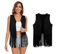 XonyiCos Gilet hippie à franges pour femme années 70 et 60 - Gilet hippie sans manches - En daim synthétique - Avec pampille - Costume de carnaval et de jeu de rôle - Gilet à pompons noir - Taille XXL